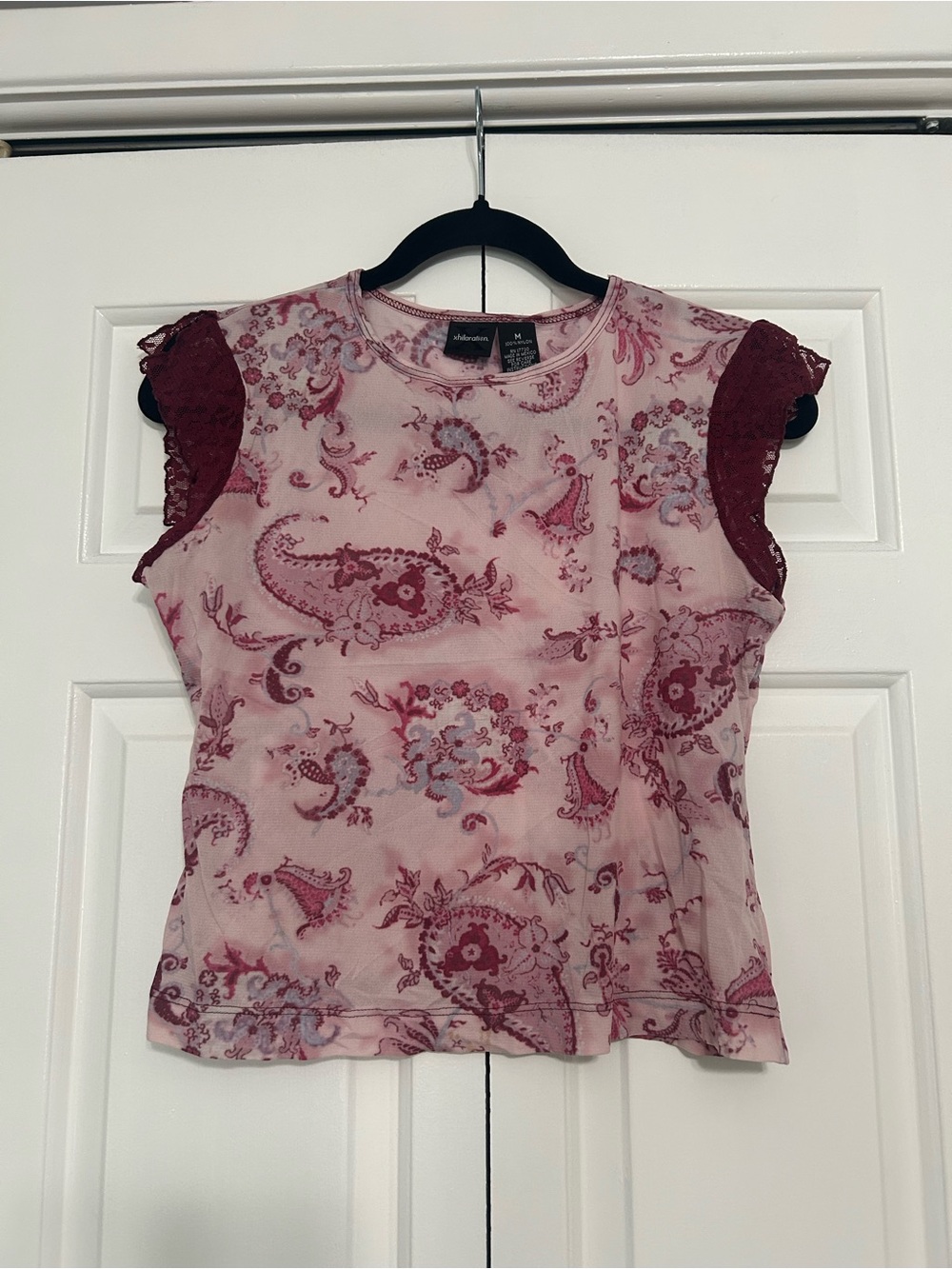 Y2K Mossimo Supply Co. Pink Paisley Sheer Top with Burgundy Lace Flutter Sleeves